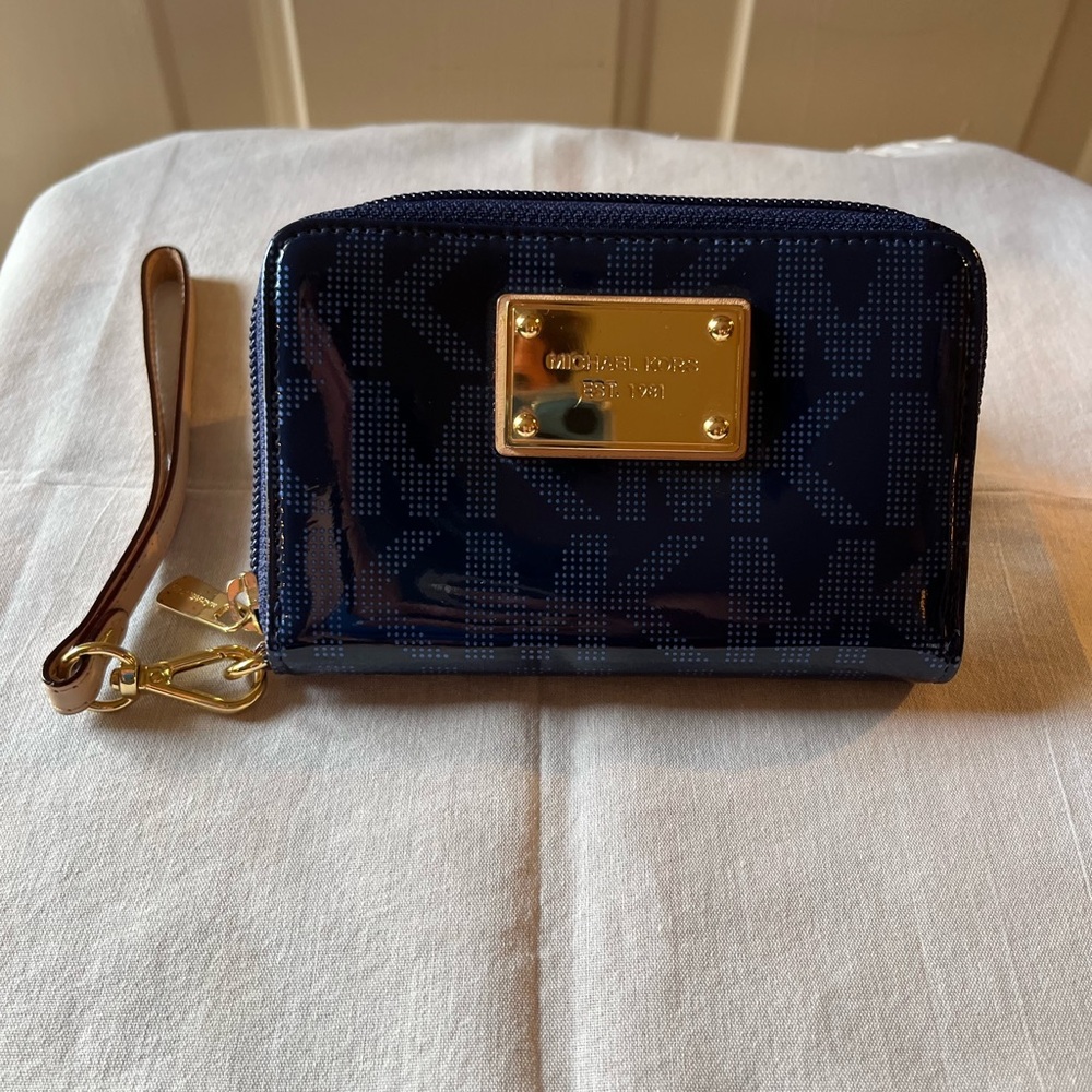 Michael Kors Dark Blue Wristlet with Gold Hardware
